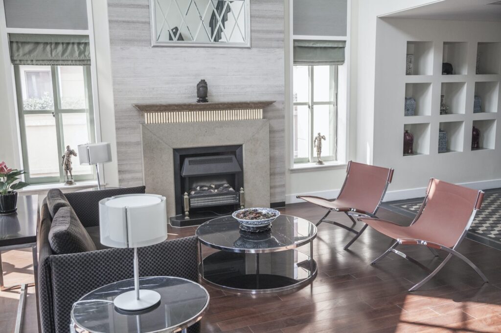 Bright, airy, modern, living room.