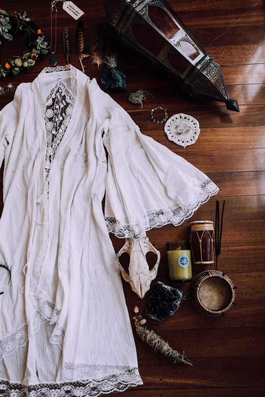 vintage wedding dress and items prepared for ceremony