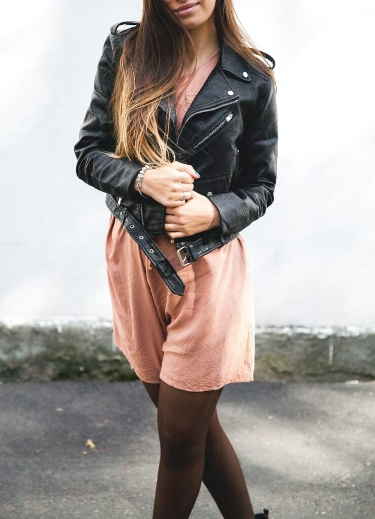 young woman wearing leather jacket, man, fashion, style