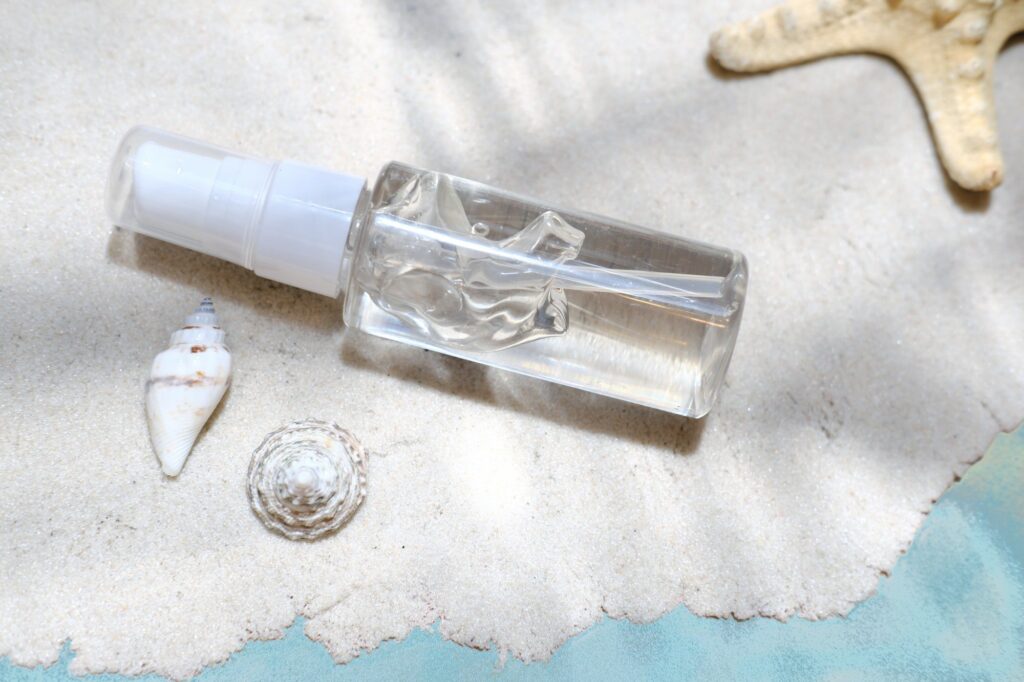 after sun moisturising gel on a sand under the water.